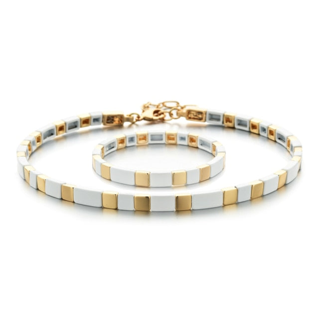 Gypsy Enamel Tile Necklace + Bracelet 2pc Set - Purity White